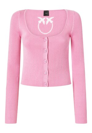 Cardigan de punto rosa con mangas largas, escote redondeado, cierre de botones en la parte delantera, y un diseño de cara sonriente blanca en el pecho. Textura suave, corte ajustado.