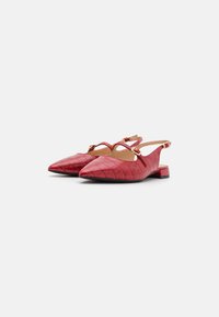 Ballerines en cuir rouge estampé crocodile avec le bout pointu et des brides à boucle dorée sur fond blanc.
