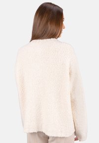 Cremfarbener, flauschiger Pullover mit lockerer Passform, strukturiertem Stoff und rundem Ausschnitt, mit einer Rückennaht und ohne sichtbare Verschlüsse.