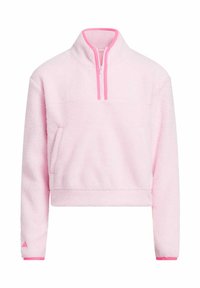 Pull en polaire rose clair avec un col zippé mi-hauteur. Dispose d'un design court, d'une poche avant et d'une finition contrastante en rose au niveau du col et des poignets.