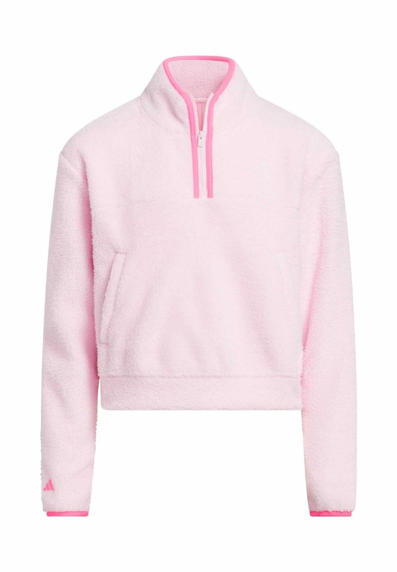 Pull en polaire rose clair avec un col zippé mi-hauteur. Dispose d'un design court, d'une poche avant et d'une finition contrastante en rose au niveau du col et des poignets.