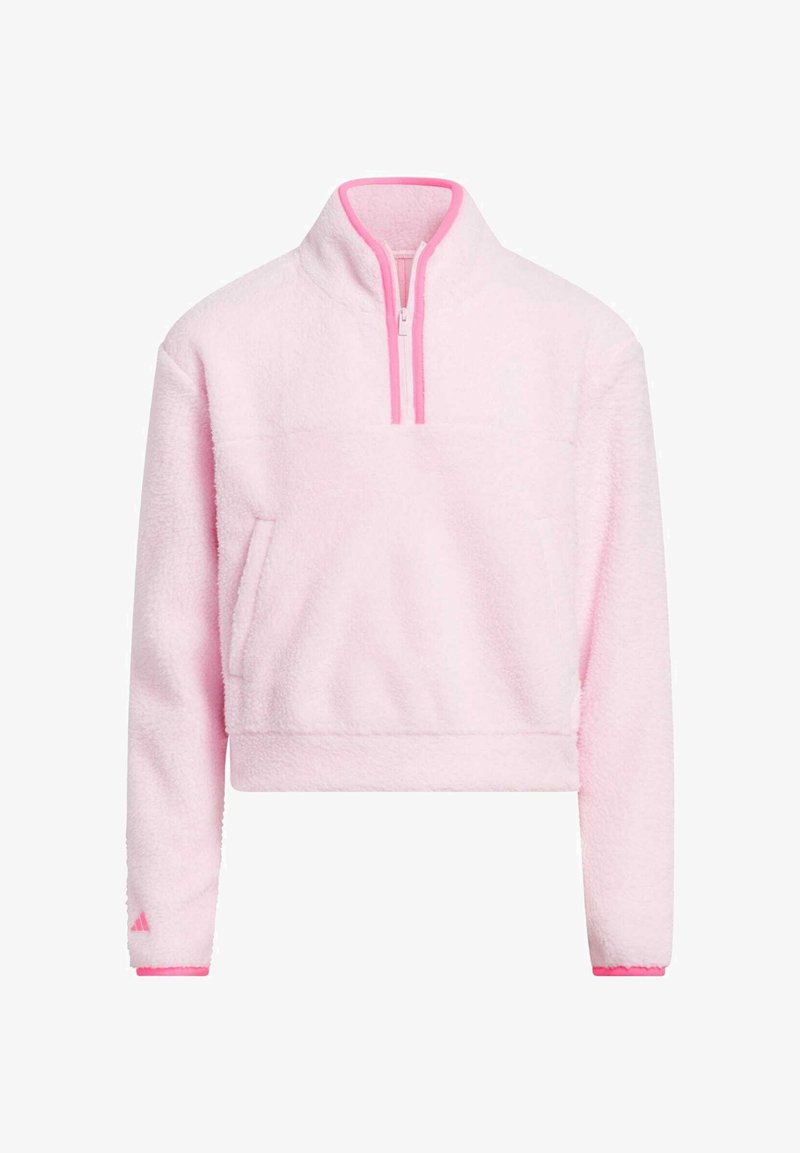 Fleece-Pullover in Hellrosa mit halbem Reißverschluss am Kragen. Hat ein kurzes Design, eine Tasche auf der Vorderseite und kontrastierendes pinkes Besatz an Kragen und Bündchen.