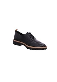 Scarpa in pelle nera con punta perforata, lacci rotondi e una suola intermedia marrone a contrasto. Suola in gomma testurizzata per miglior grip. Design classico.