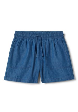 Blauwe denim shorts met elastische tailleband, trekkoord en voorzakken, weergegeven op een witte achtergrond.