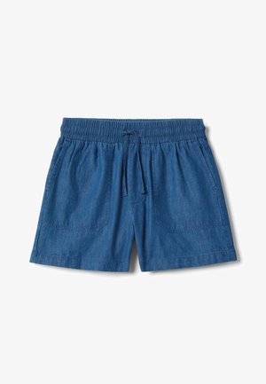 Shorts en denim bleu avec taille élastique, cordon de serrage et poches plaquées à l'avant, présentés sur un fond blanc.
