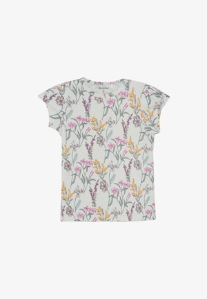 Ljusgrå t-shirt med ett blommönster i rosa, gult och lila nyanser, kort ärm och rund halsringning. Mjuk bomullsmaterial.
