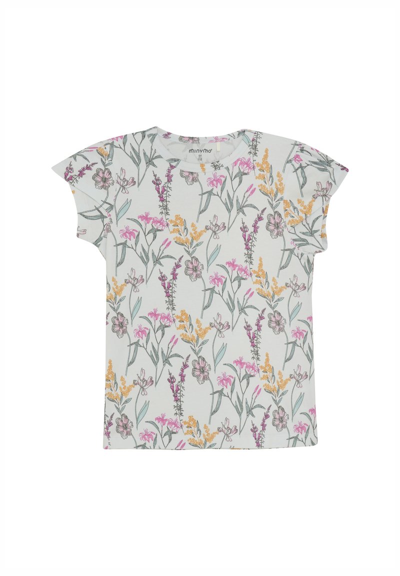 Lysegrå t-shirt med blomsterprint i pink, gul og lilla nuancer, med korte ærmer og rund halsudskæring. Blødt bomuldsstof.