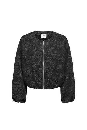 Juodos spalvos trumpas bomber tipo švarkas, puošnus gėlių raštu, su apvaliu iškirpimu ir užtrauktuku priekyje. Švelni medžiaga su elastingomis rankovėmis.
