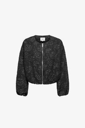 Mustat lyhyet bomber-takit, joissa on kukkakuvioitu pinta, pyöreä kaula-aukko ja vetoketjusuljenta. Pehmeä kangas, jossa on elastiset hihansuut.