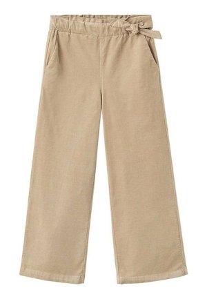 Beige wijde broek van zachte stof, met een strikceintuur in de taille en twee zijzakken. Glad textuur met een geklede afwerking.