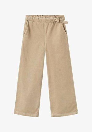Beige wijde broek van zachte stof, met een strikceintuur in de taille en twee zijzakken. Glad textuur met een geklede afwerking.