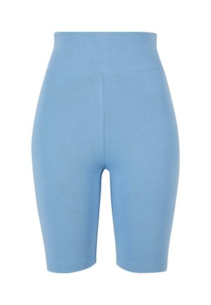Shorts de cyclisme taille haute bleu clair en tissu élastique, avec une texture lisse et un design ajusté sans coutures visibles.