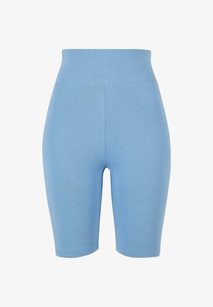 Šviesiai mėlynos aukštai juosmeninės dviratininkų kelnės, pagamintos iš elastingo audinio, su lygiu paviršiumi ir prigludusia forma, be matomų siūlių.