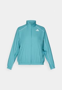 Tyrkysová mikina na zips s stojacím golierom. Má biele lemovanie pozdĺž ramien a malé logo na ľavom prsníku. Ľahký materiál.