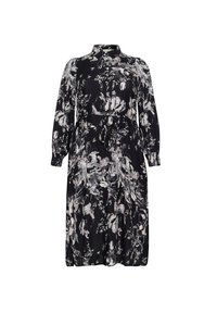 Zwarte bloemenjurk met lange mouwen, een kraag en een taille die is cinched met een strikceintuur. De stof heeft een zachte, vloeiende textuur.