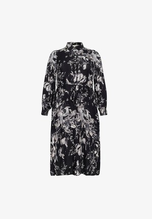 Abito nero a fiori con maniche lunghe, colletto e vita svasata con cintura. Il tessuto ha una consistenza morbida e fluida.