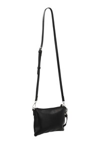 Borsa a tracolla nera in pelle con una texture liscia, forma rettangolare sottile e tracolla regolabile; presenta dettagli in metallo argentato.