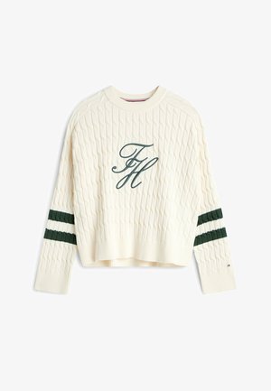 Camisola de malha creme com padrão de cabo, com detalhes em riscas verdes nas mangas e um logo bordado "FH" na frente.