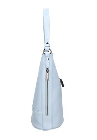 Lichtblauwe leren handtas met een textuurafwerking, een ritssluiting aan de zijkant en een enkele verstelbare schouderriem. Voorzien van decoratieve studs nabij de basis.