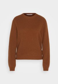 Brown ribbelgebreide trui met een ronde halslijn en lange mouwen. Heeft een klein logo-detail op de voorste zoom. Zachte textuur.