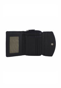 Black leather wallet with a zippered compartment, card slots, and a transparent ID window. Textured interior and snap closure detail.