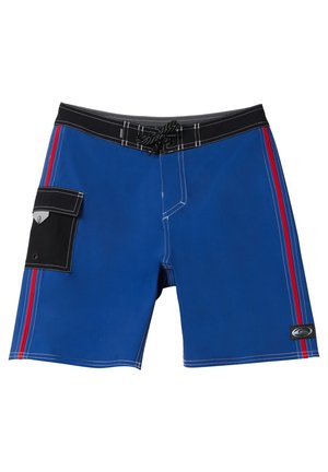 Blå badshorts i tyg med svart midjeband och snörning. Har röda sidostreck och en sidoficka med svarta detaljer.