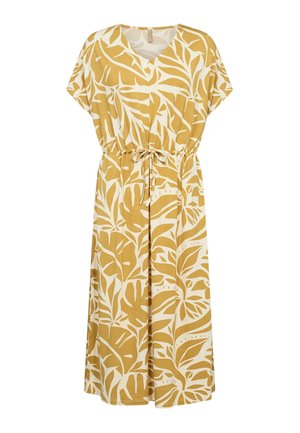 Rochie galbenă și albă, lungime până la genunchi, cu model abstract de frunze, decolteu în V, mâneci scurte și talie cu șnur.