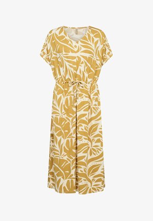 Rochie galbenă și albă, lungime până la genunchi, cu model abstract de frunze, decolteu în V, mâneci scurte și talie cu șnur.