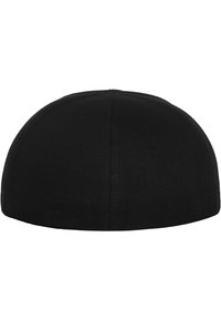 Black cap with a herringbone texture, rounded shape, and seamless design. No visible hardware or accents on the exterior.