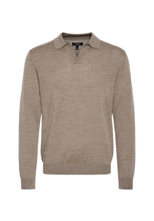 Bruine lange mouwen polo trui met een V-hals, met een gestructureerd breipatroon en een zachte afwerking. Met kraag ontwerp, zonder accenten.