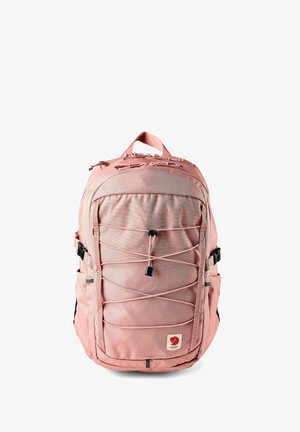 Pink backpack with front bungee cord, two side pockets, adjustable straps, and a small logo patch at the bottom center.