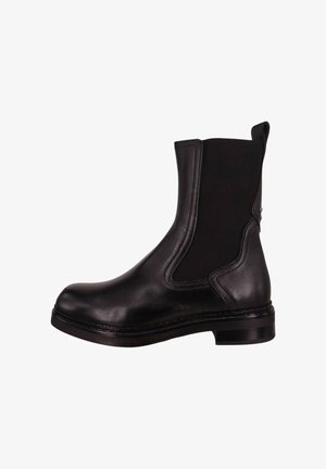 Czarny skórzany botek za kostkę z elastycznymi panelami bocznymi, zaokrąglonym noskiem i niskim, warstwowym obcasem. Gładka faktura i minimalistyczny design.