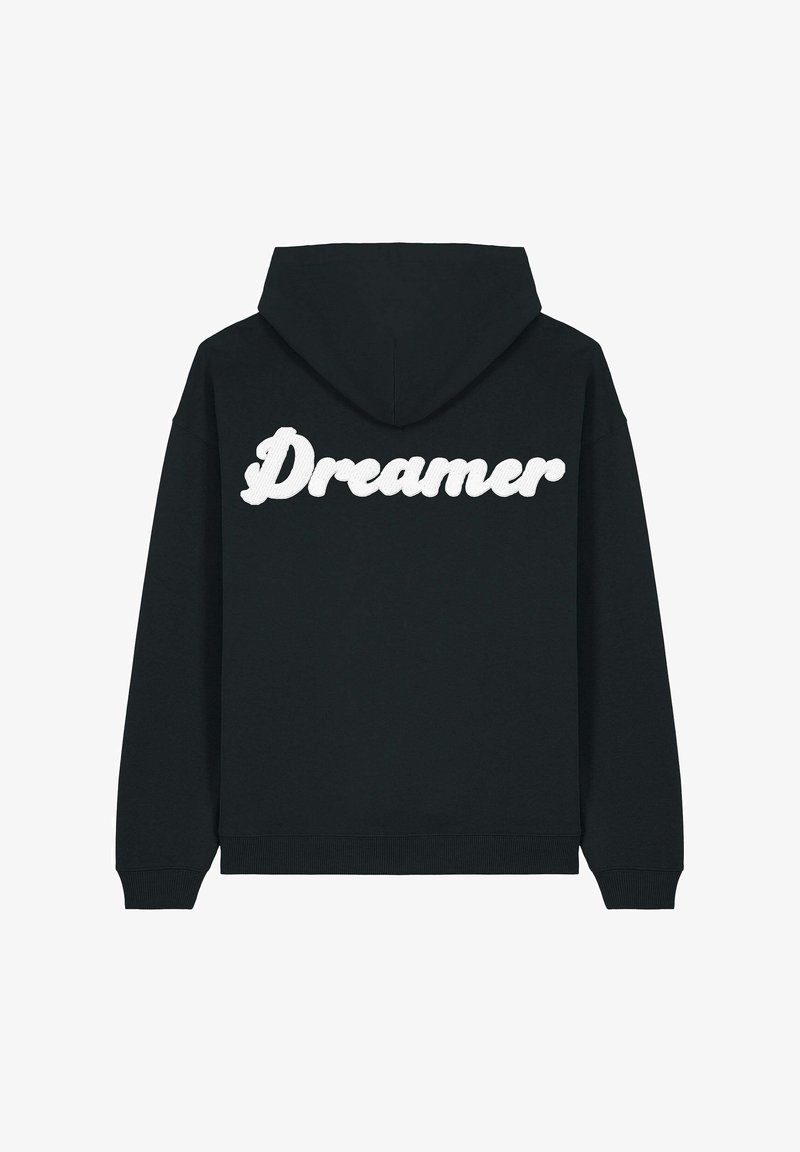 Haut à capuche noir avec un grand texte "Dreamer" brodé en blanc au dos, doté d'une capuche avec cordon de serrage et de poignets côtelés.