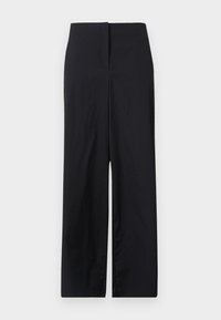 Black wide-leg trousers with a high waist, made from smooth fabric, featuring a clean cut and minimal design, no visible hardware or patterns.
