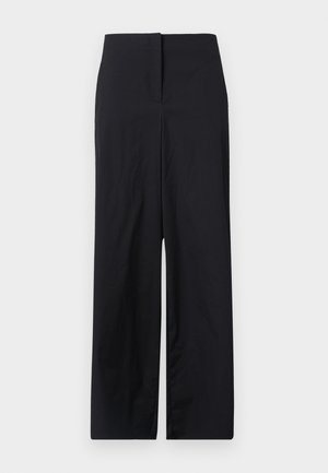 Svarta vida byxor med hög midja, tillverkade av slätt tyg, med en ren skärning och minimal design, utan synliga detaljer eller mönster.