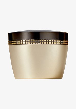 Behållare med rundad form, guldbas och svart lock. Guldmönstrad band runt mitten lägger till textur och detalj.