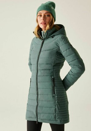 Frau trägt eine tealfarbene, gesteppte Winterjacke mit Kapuze und eine dazu passende, gerippte Strickmütze, steht mit den Händen hinter dem Rücken vor einem schlichten Hintergrund.