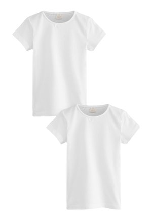 Zwei schlichte weiße T-Shirts mit kurzen Ärmeln und Rundhalsausschnitt, eines etwas oberhalb und hinter dem anderen platziert.