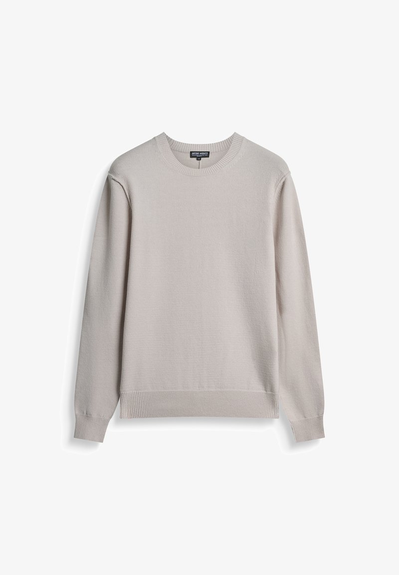 Lichtgrijze sweater van zachte stof, met een ronde hals, geribbelde zoom en boorden, met een gladde textuur en een minimaal design.