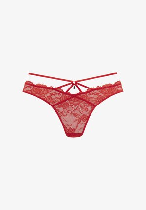 Rode kanten string met bloemmotief, voorzien van transparante stof, een strappy ontwerp en een kleine accentparel in het midden. Zachte textuur.
