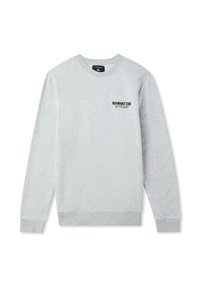 Felpa grigia chiara realizzata in tessuto morbido. Presenta polsini e orlo a coste, scollatura rotonda e testo nero sul petto. Design informale.
