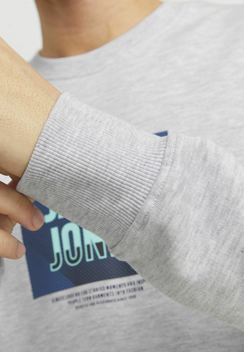 Grå sweatshirt med ribbede manchetter, rund hals og et grafisk print med blå accenter og tekst på fronten. Blød tekstur.