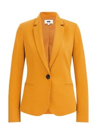 Gul skräddarsydd kavaj med enkelknäppning, slagkrage, två framfickor, strukturväv och slät foder.