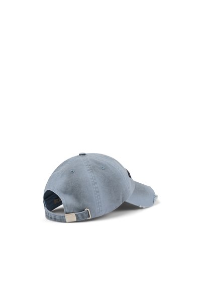 Light blue denim baseball cap with a curved brim, adjustable strap, and a black logo patch on the back. Features frayed detailing.