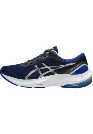 Chaussure de course bleu marine et blanche avec tige en mesh, bandes logo blanches, semelle bleue amortie, et texte « Gel-Pulse 13 » sur le côté du talon.
