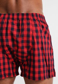 Red and navy checkered boxers with an elastic waistband and loose fit. The fabric appears lightweight and smooth with a classic pattern.