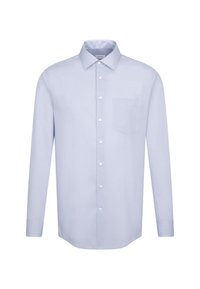 Light blue long-sleeve shirt in a plain weave fabric. Features a standard collar, button front, and left chest pocket. Smooth texture.