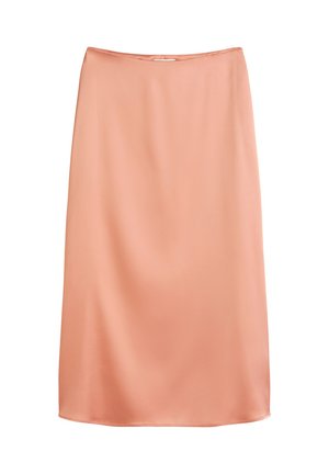 Peach satin skirt with a smooth texture, knee-length cut, and a simple design. Features an elastic waistband and no visible patterns or accents.