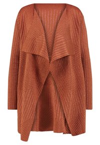 Rust-colored cardigan made of textured fabric with geometric patterns; features an open front and long sleeves. Subtle shimmer accents are present.