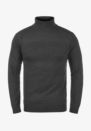Tamno sivi džemper s rol kragnom izrađen od pletene tkanine, s rebrastim kragnom, manžetama i rubom. Glatka tekstura s suptilnim uzorkom na prsima.
